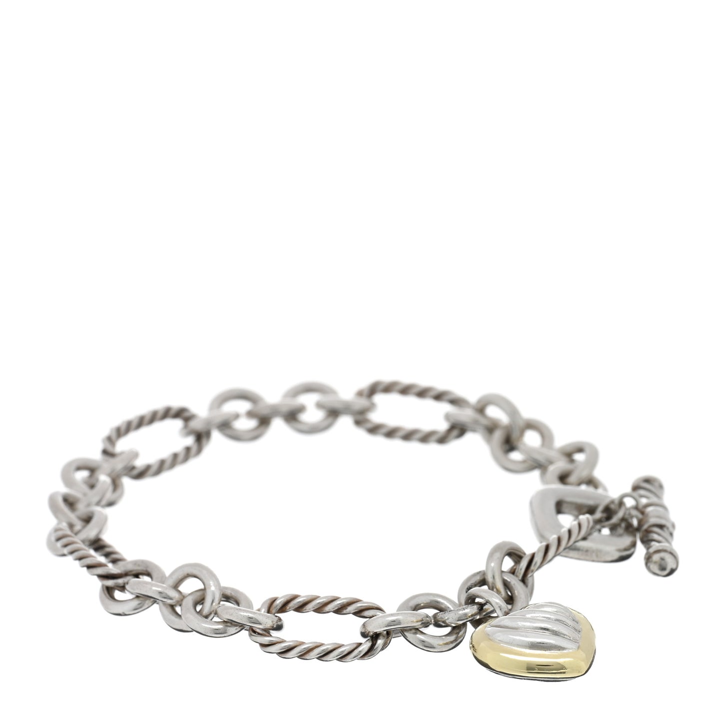 Sterling Silver 18K Yellow Gold Cable Heart Charm Bracelet
