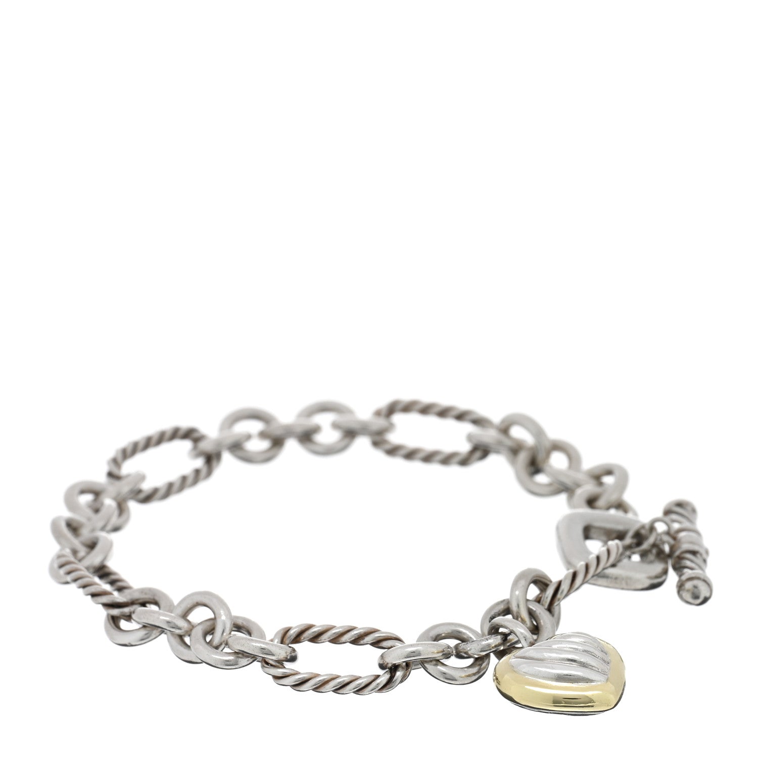 David Yurman Sterling Silver 18K Yellow Gold Cable Heart Charm Bracelet 1 of 3
