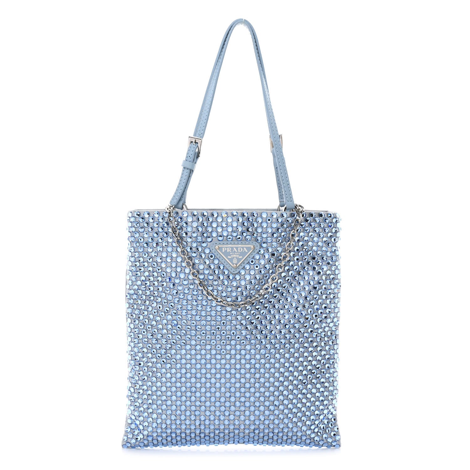 Prada Satin Crystal Metal Triangle Logo Chain Crossbody Handbag Celeste 1 of 14