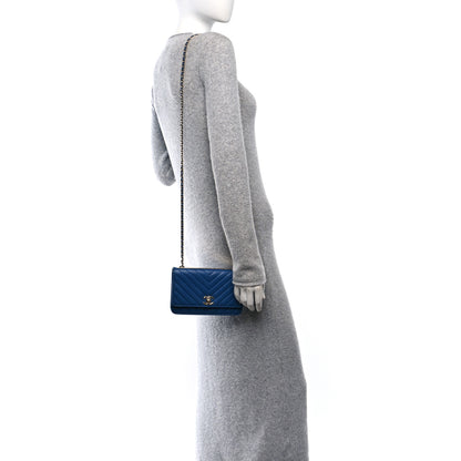 Chanel Lambskin Chevron Quilted Trendy CC Wallet On Chain WOC Blue 2 of 11