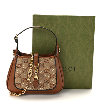 Gucci New Canvas Charisma Calfskin Crystal GG Monogram Mini Jackie 1961 Hobo Camel Ebony 9 of 9