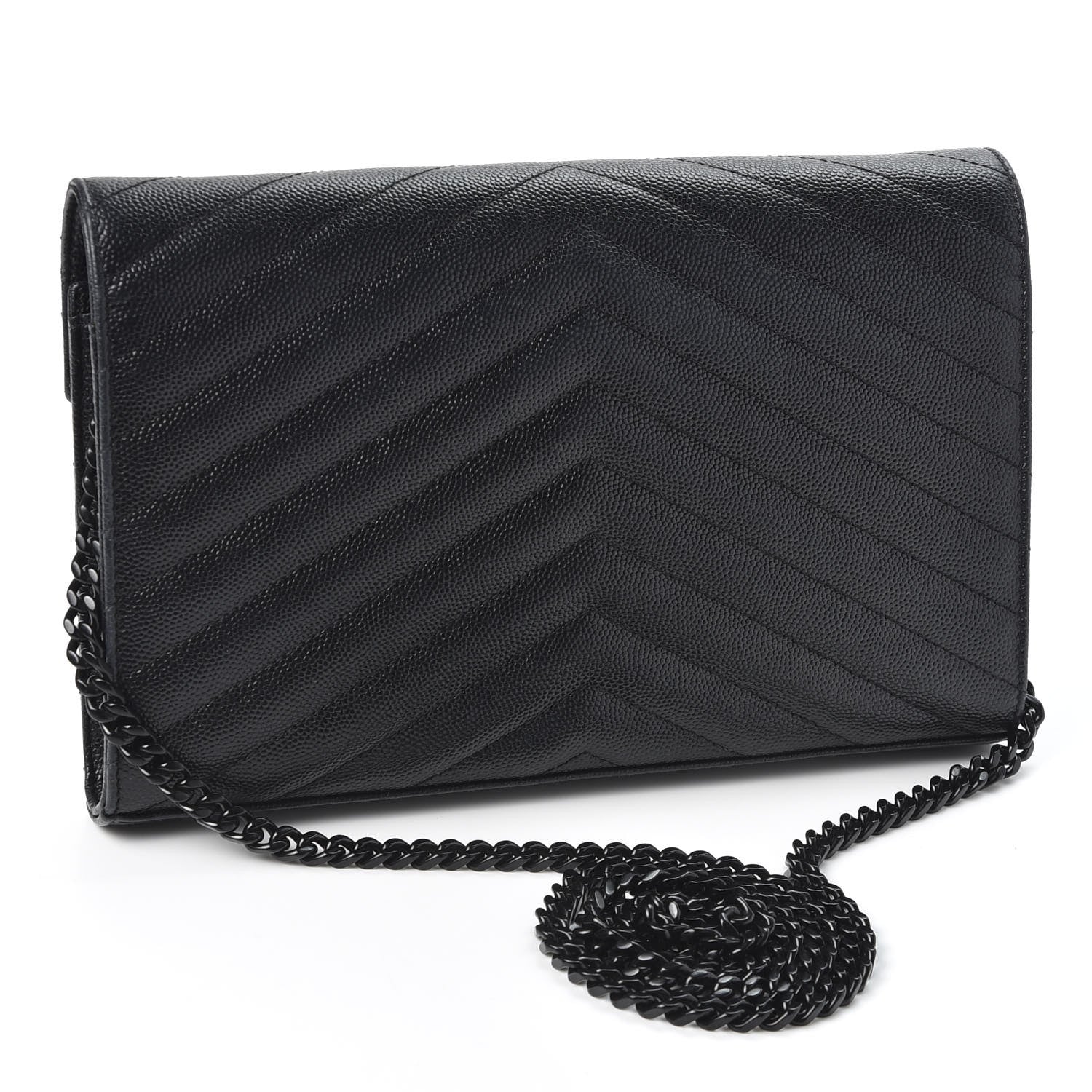 Saint Laurent Grain De Poudre Matelasse Chevron Monogram Chain Wallet Black 2 of 9