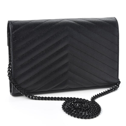 Saint Laurent Grain De Poudre Matelasse Chevron Monogram Chain Wallet Black 2 of 9