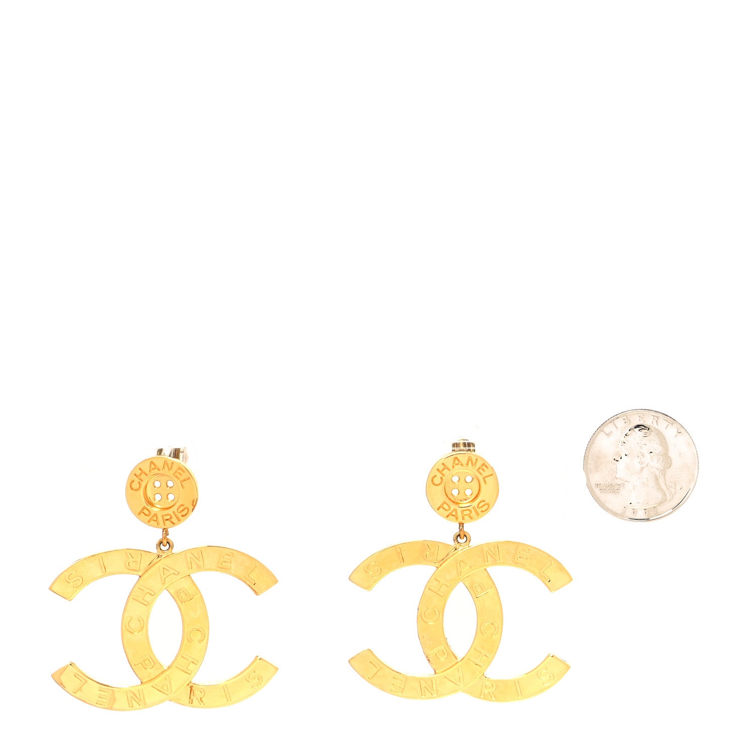 Chanel Metal Large Paris Button Earrings Gold 2 of 4