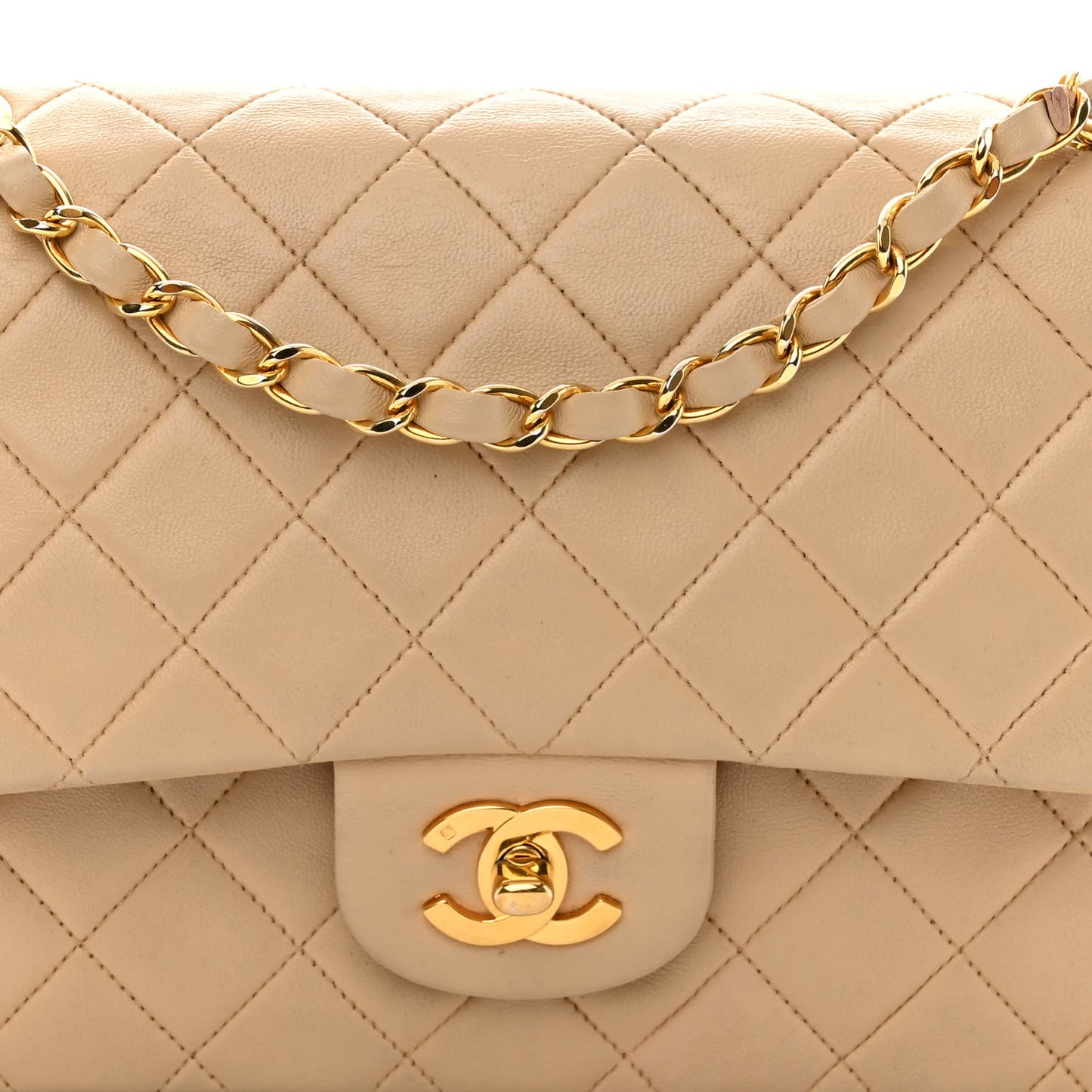 Lambskin Quilted Medium Double Flap Beige