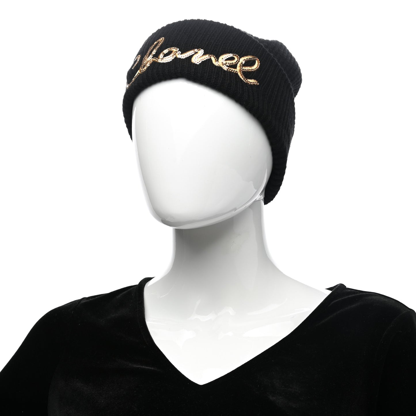 Cashmere Sequin Logo Beanie Hat Black Gold