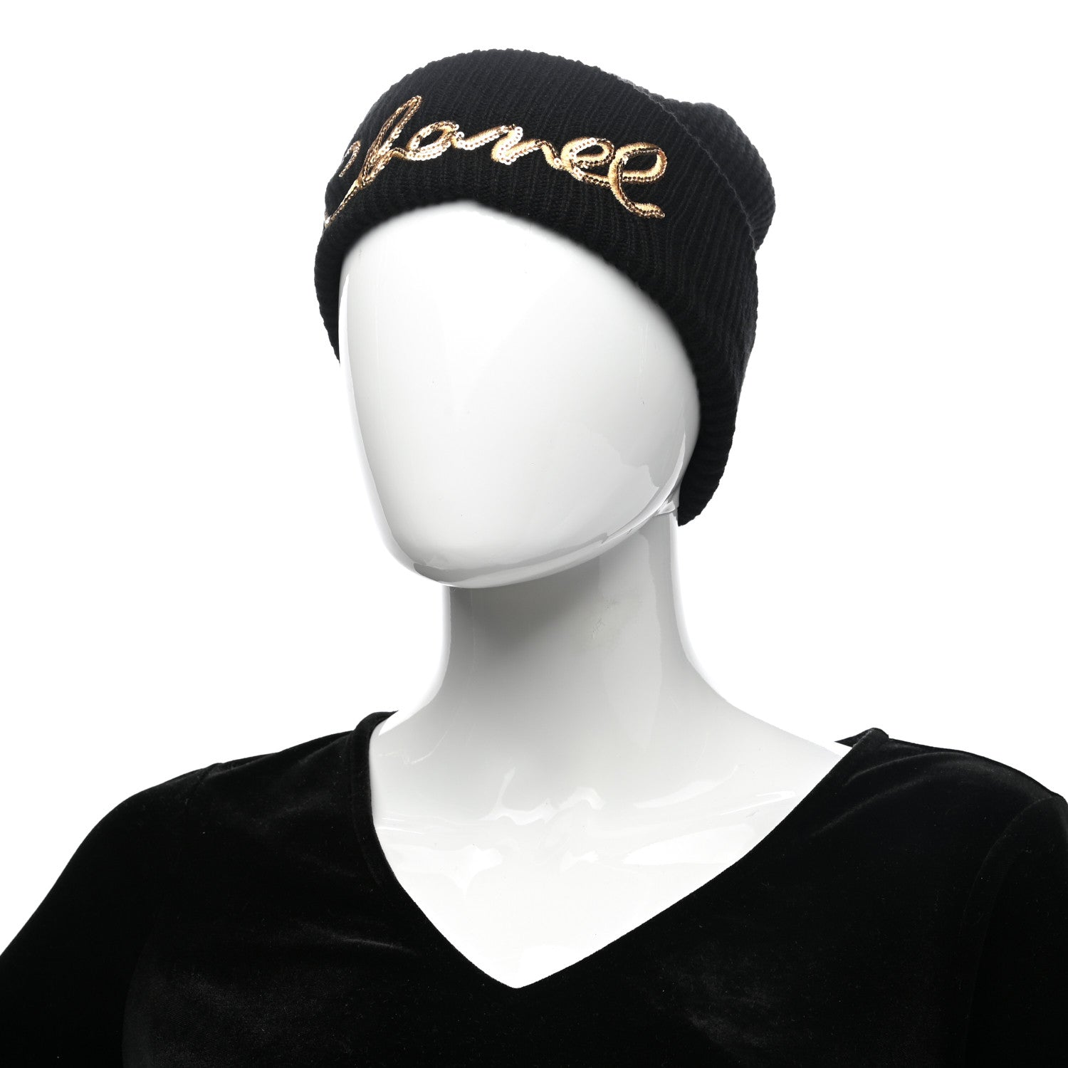 Chanel Cashmere Sequin Logo Beanie Hat Black Gold 2 of 4
