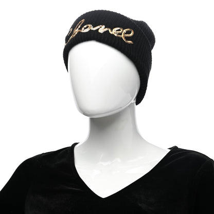 Chanel Cashmere Sequin Logo Beanie Hat Black Gold 2 of 4