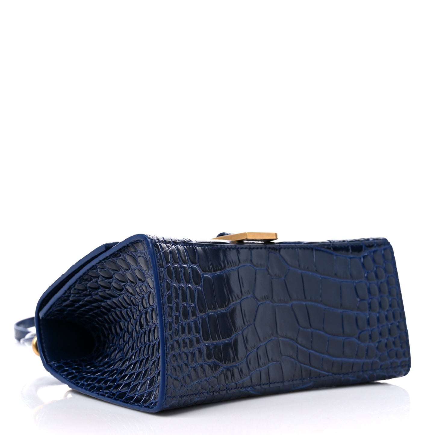 Shiny Calfskin Crocodile Embossed Small Hourglass Top Handle Bag Navy