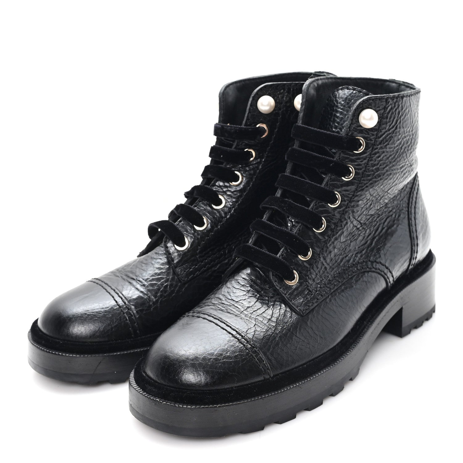 Chanel Shiny Calfskin Velvet Pearl Combat Short Boots 37.5 Black 4 of 9