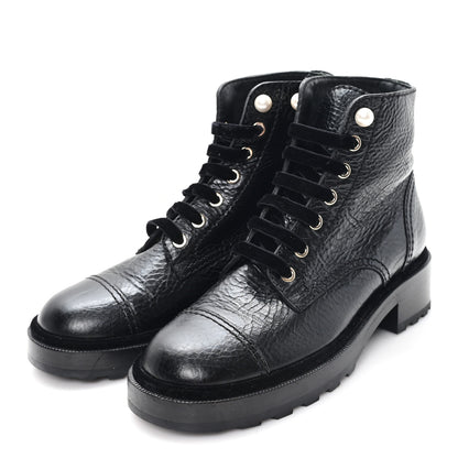 Chanel Shiny Calfskin Velvet Pearl Combat Short Boots 37.5 Black 4 of 9