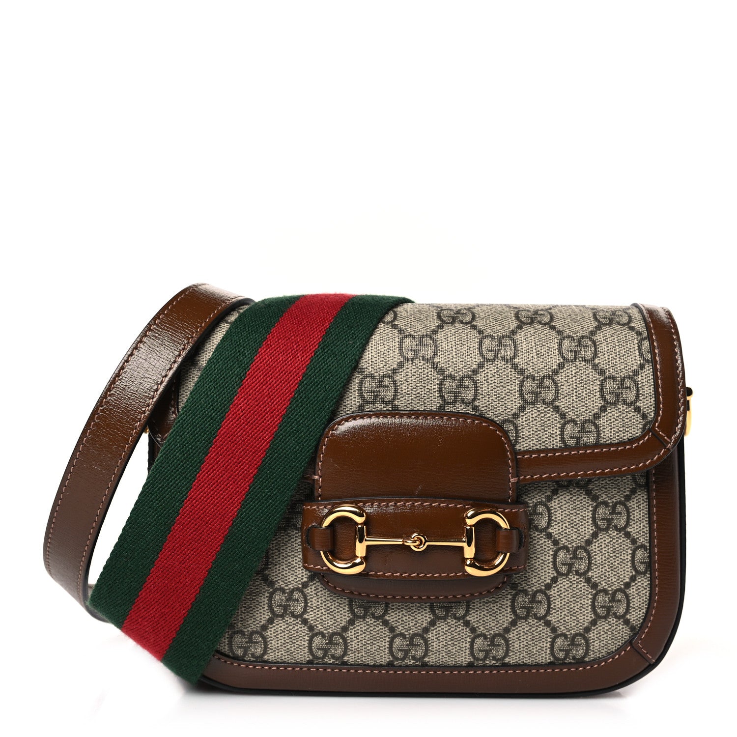 Gucci GG Supreme Monogram Azalea Calfskin Web Mini Horsebit 1955 Shoulder Bag Beige Ebony Brown Sugar 1 of 9