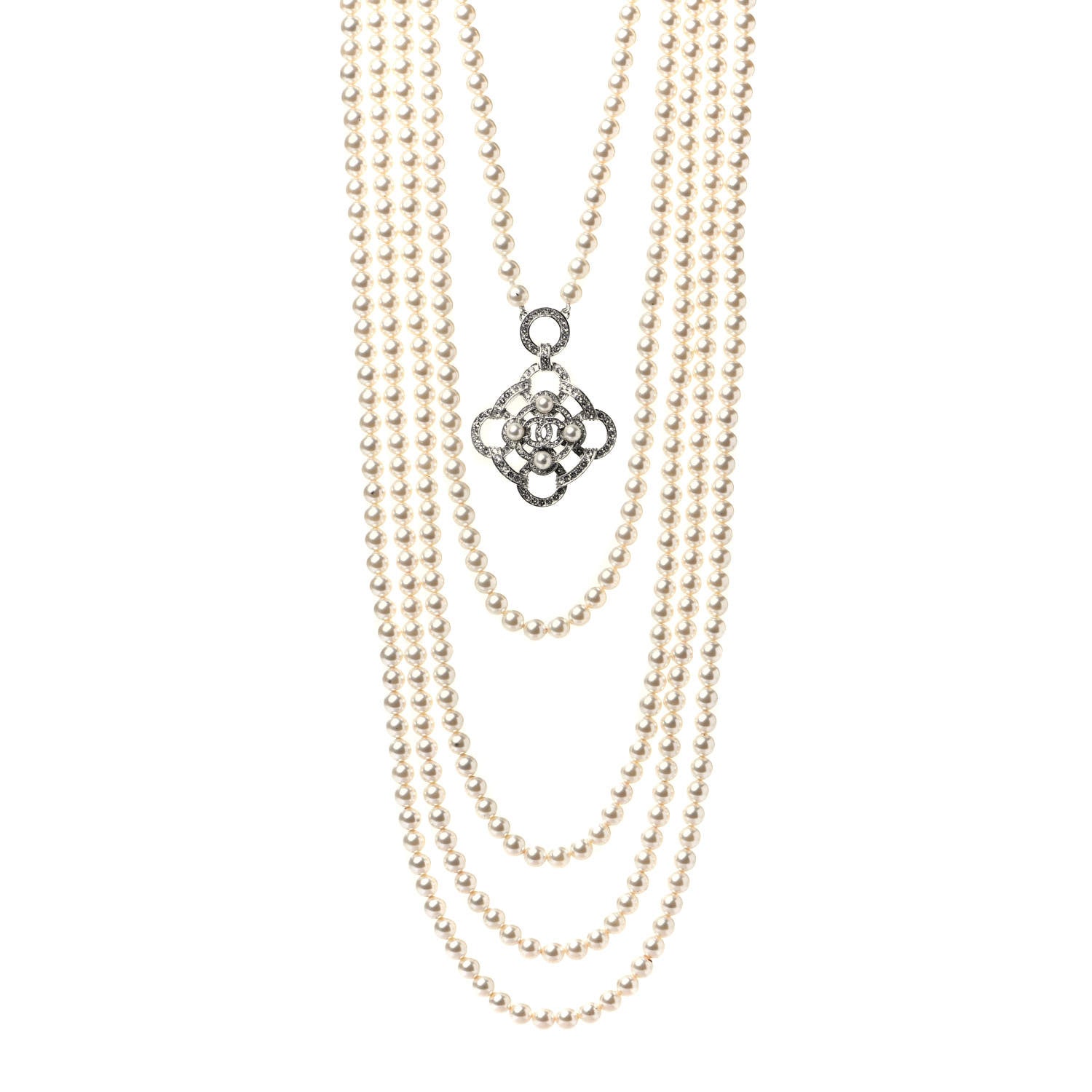 Chanel Pearl Crystal CC Multi Strand Necklace Silver 1 of 5