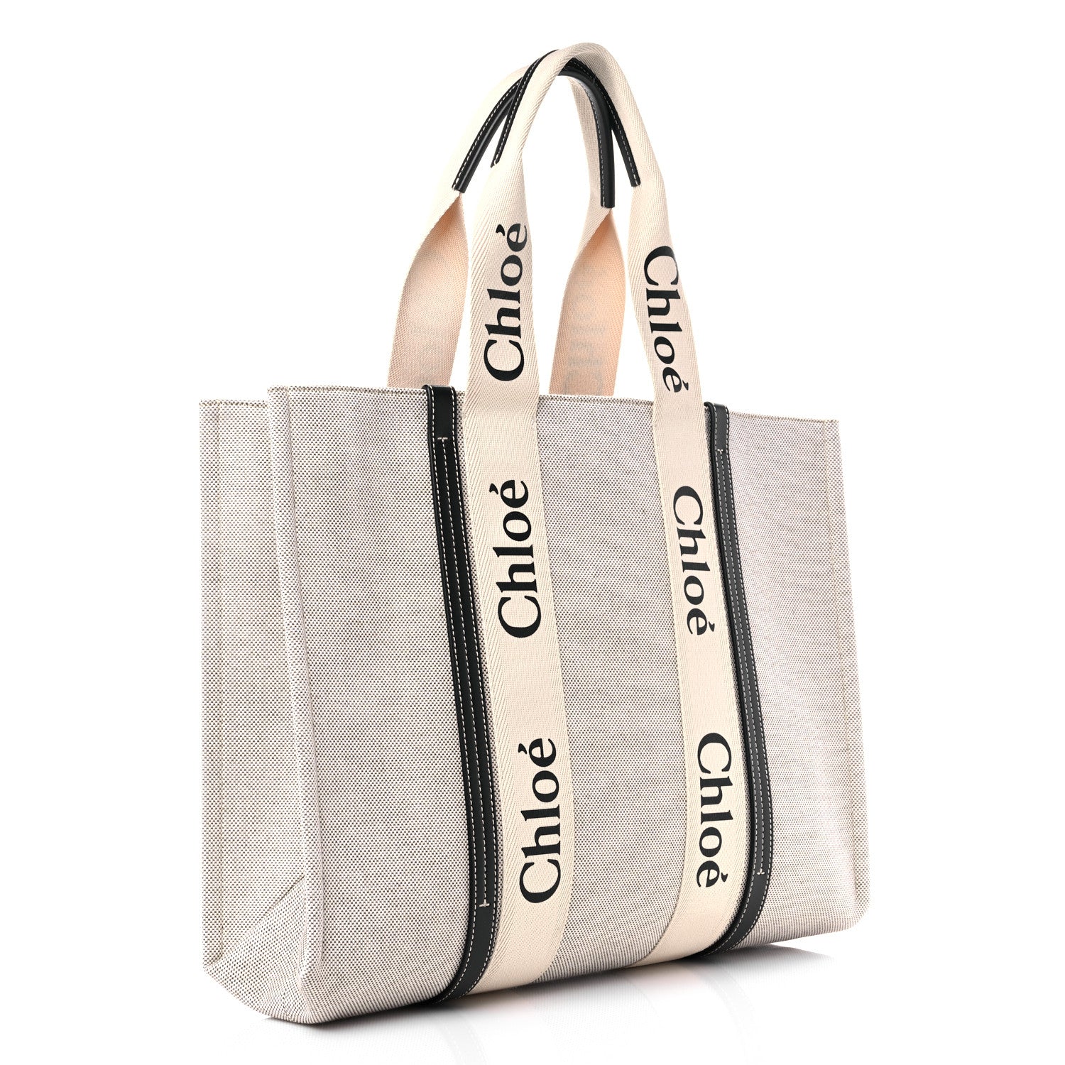 Chloe Cotton Calfskin Large Woody Ribbon Tote White Black 2 of 8