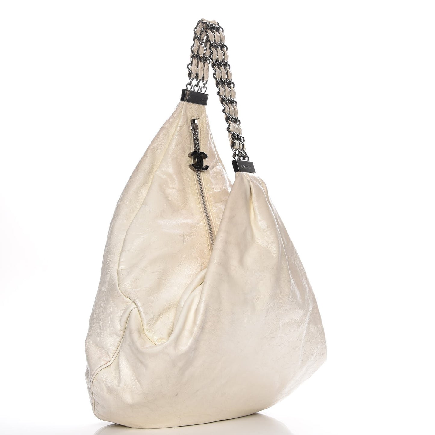 Lambskin Large Rock and Chain Hobo White