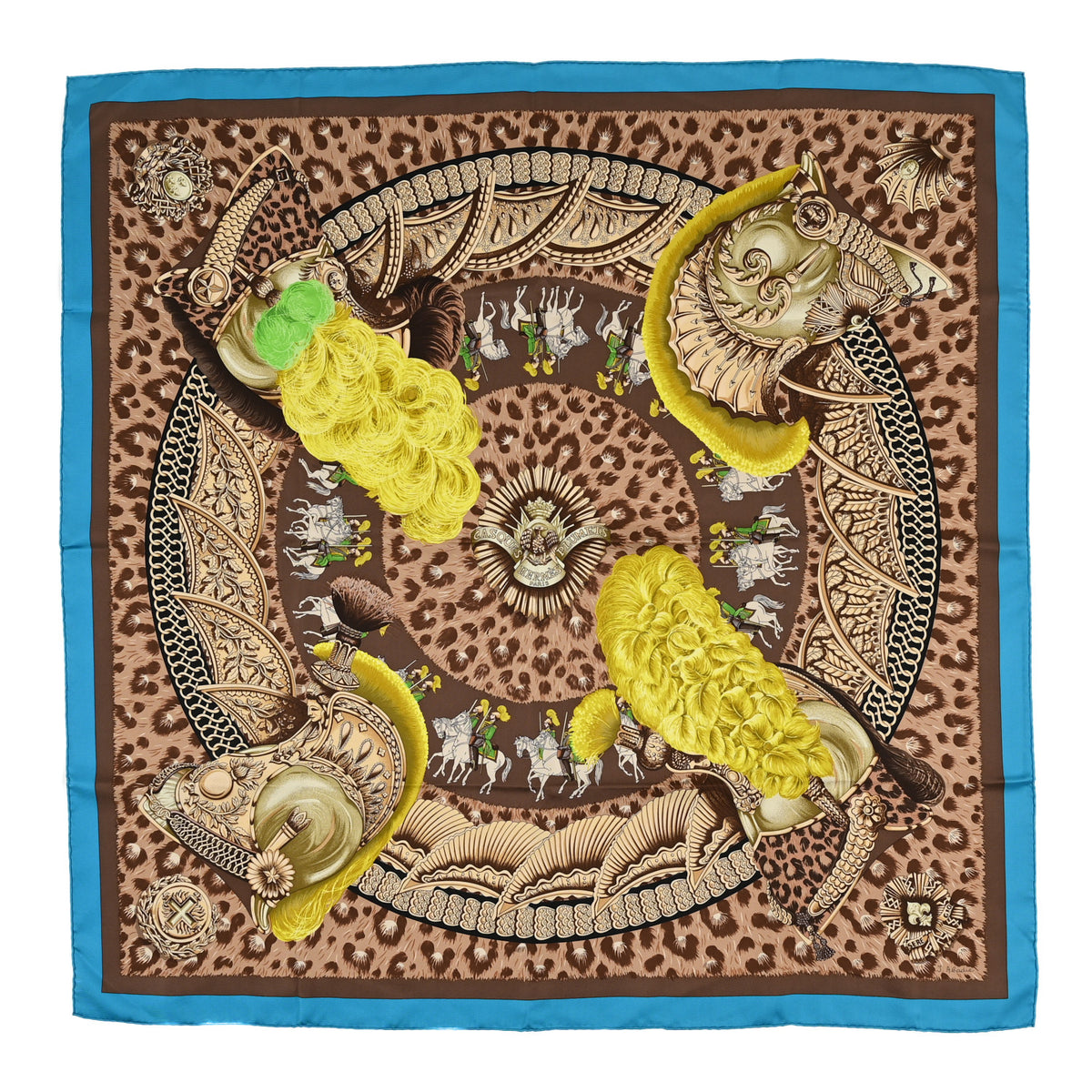 Hermes Silk Casques Et Plumets Scarf 90 Turquoise Camel Absinthe 1 of 3