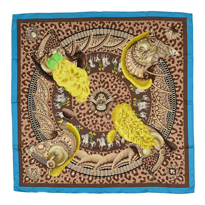 Hermes Silk Casques Et Plumets Scarf 90 Turquoise Camel Absinthe 1 of 3