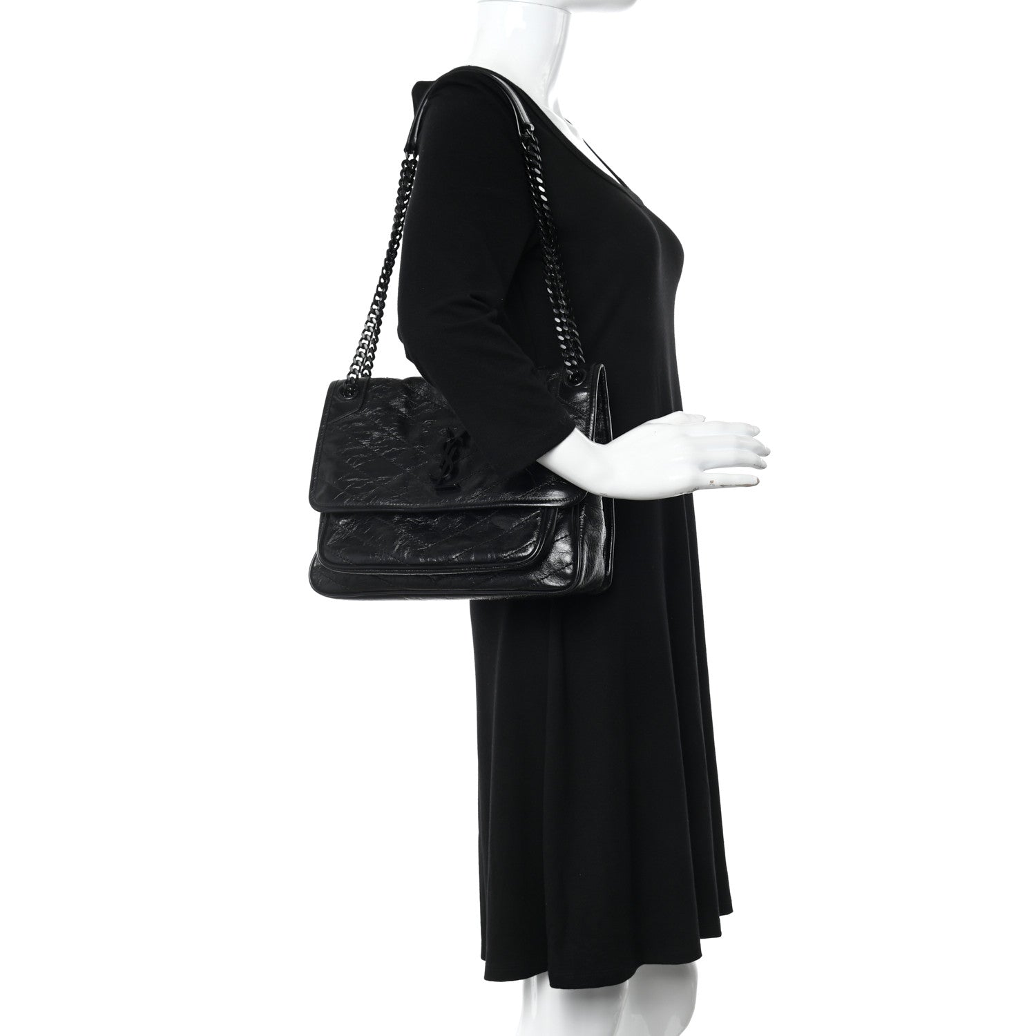Saint Laurent Crinkled Calfskin Matelasse Monogram Medium Niki Chain Satchel Black 2 of 11