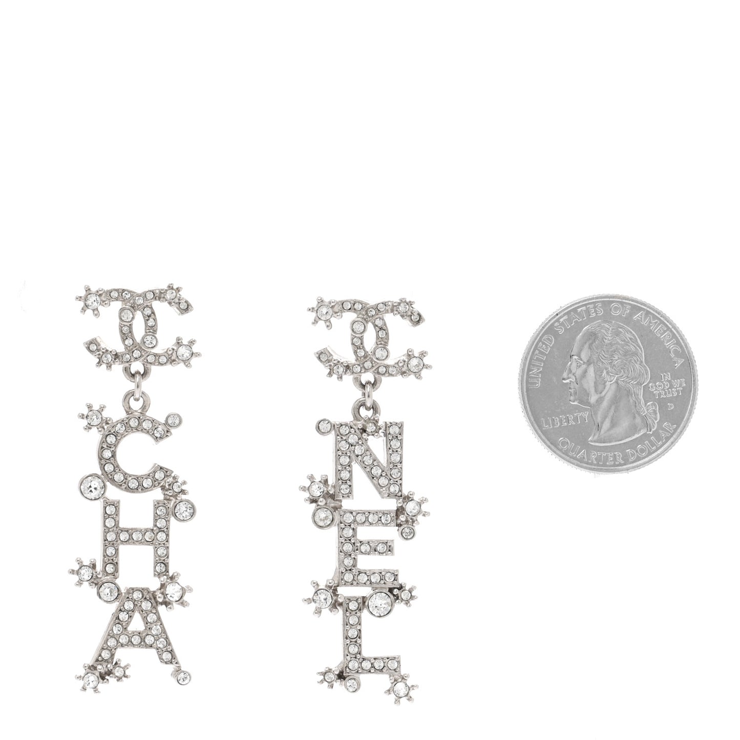 Crystal Cha-Nel Logo Drop Earrings Silver
