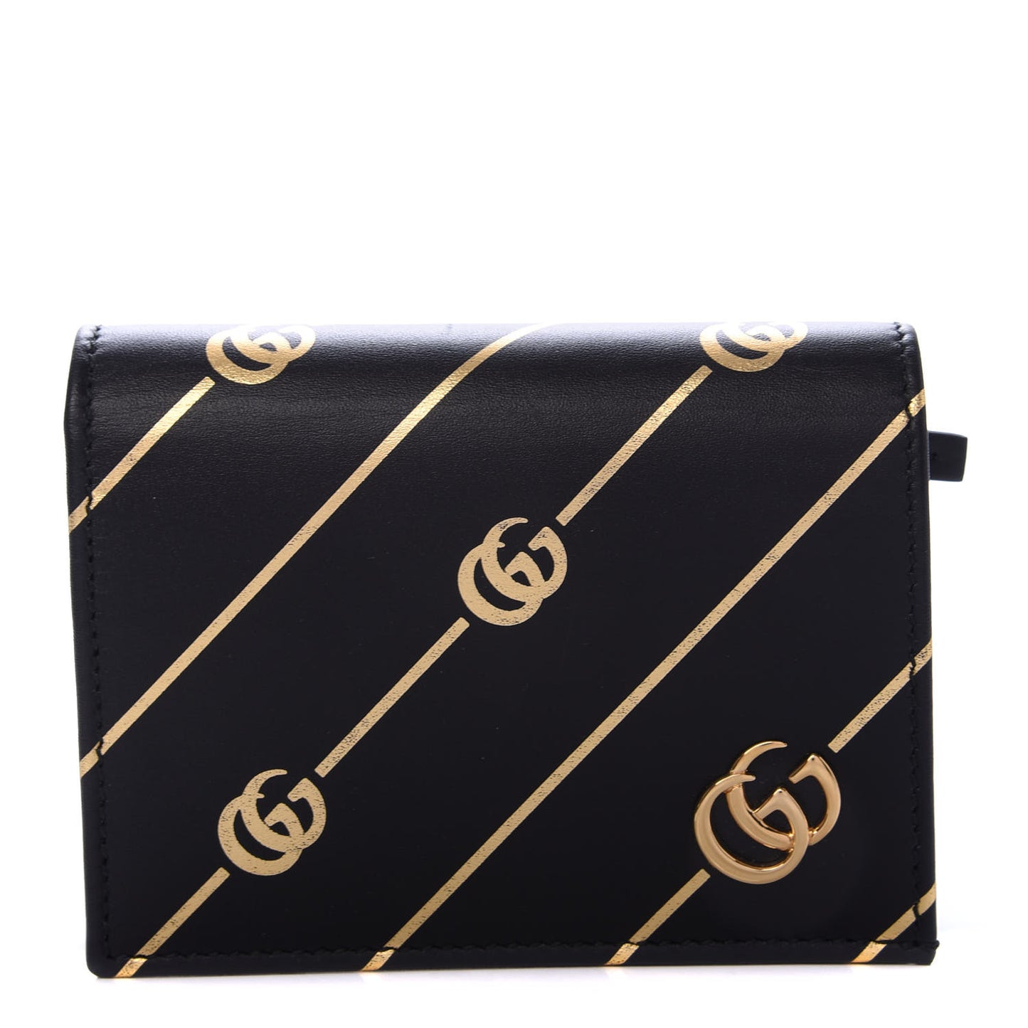 Calfskin Diagonal GG Card Case Black Gold