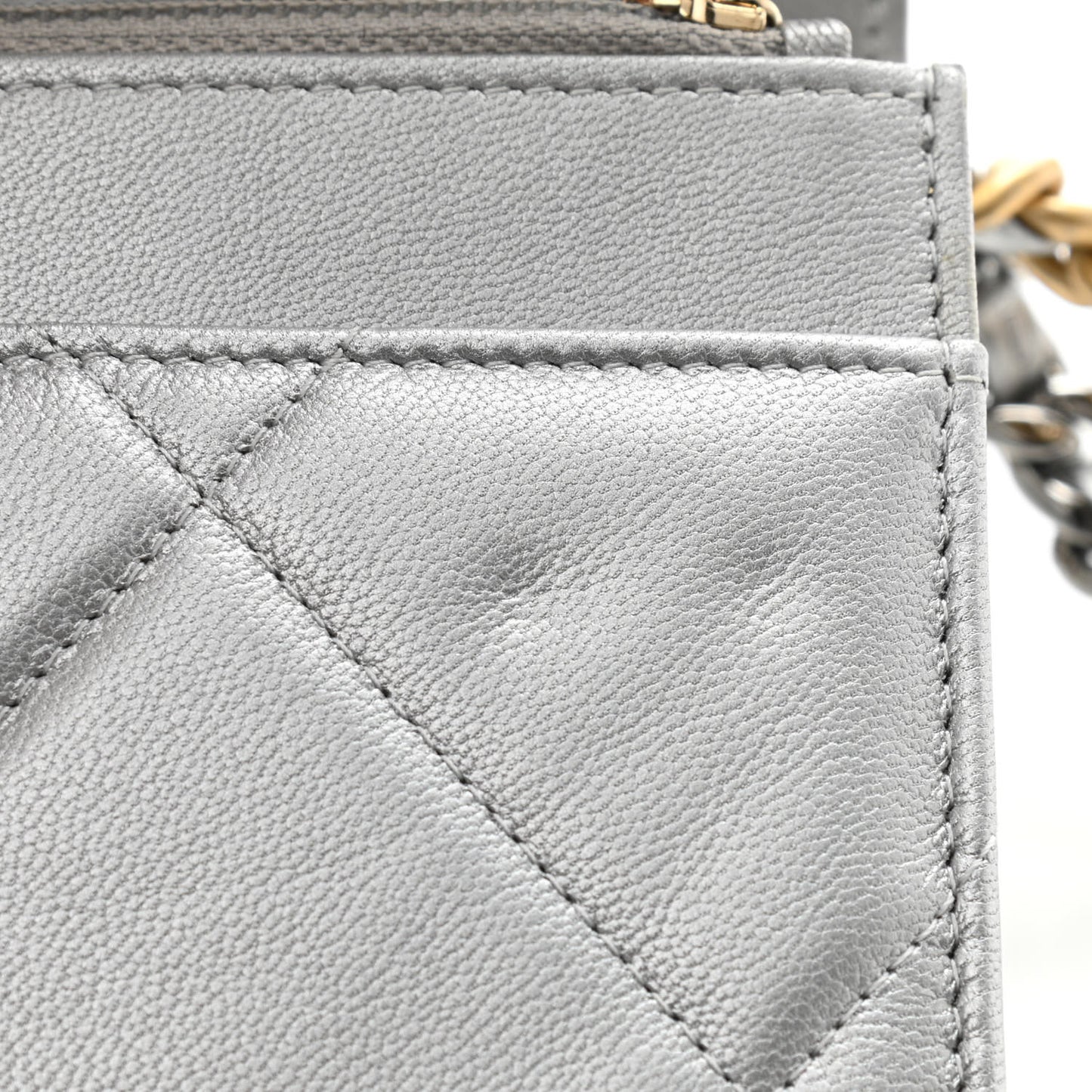 Metallic Lambskin Quilted Chanel 19 Wallet On Chain WOC Silver