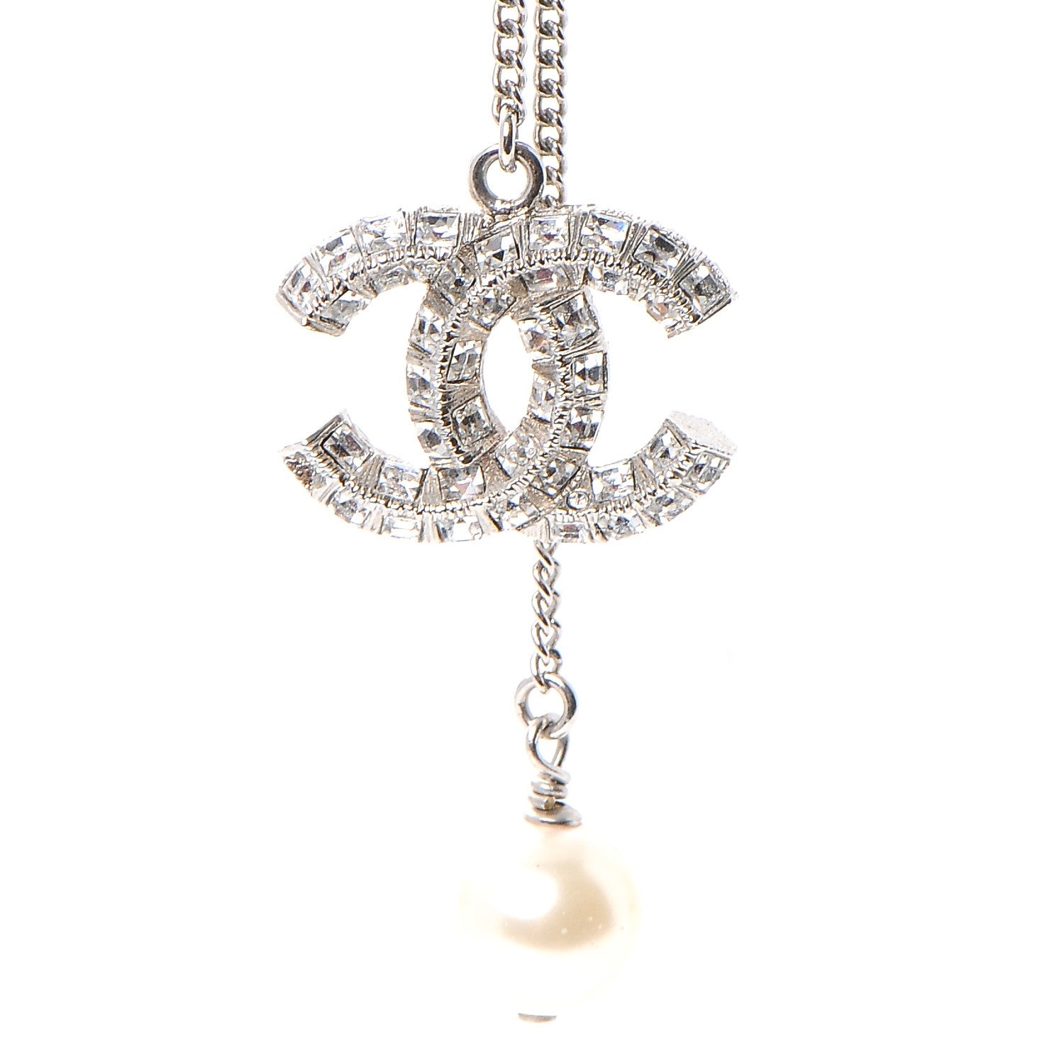 Chanel Baguette Crystal Pearl CC Lariat Necklace Silver 4 of 7