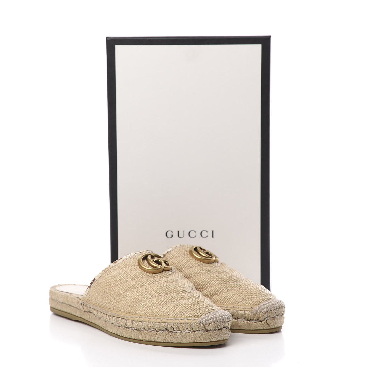 Raffia Elaphe Matelasse GG Marmont Espadrille Slippers 39 Natural Cream Brown