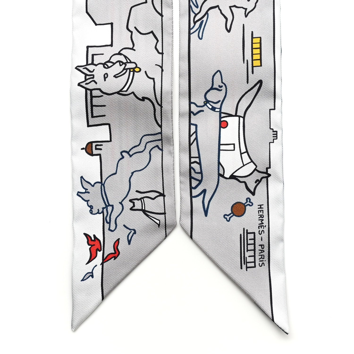 Hermes Silk Les Chiens Parisiens Twilly Gris Perle Bleu Jaune 2 of 4
