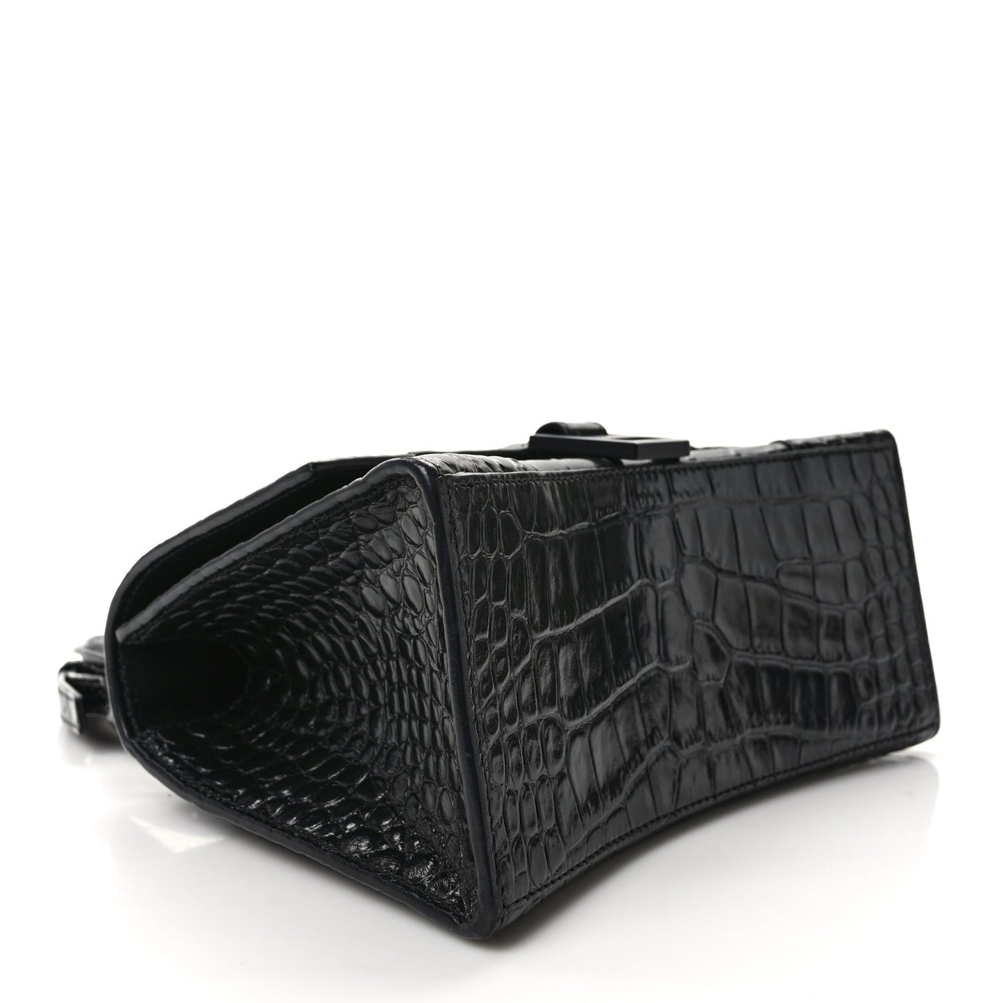 Shiny Calfskin Monochrome Crocodile Embossed Small Hourglass Top Handle Bag Black