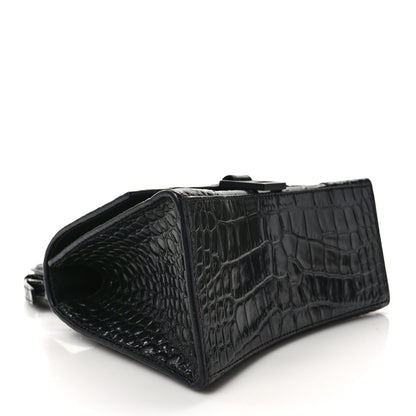 Balenciaga Shiny Calfskin Monochrome Crocodile Embossed Small Hourglass Top Handle Bag Black 4 of 14
