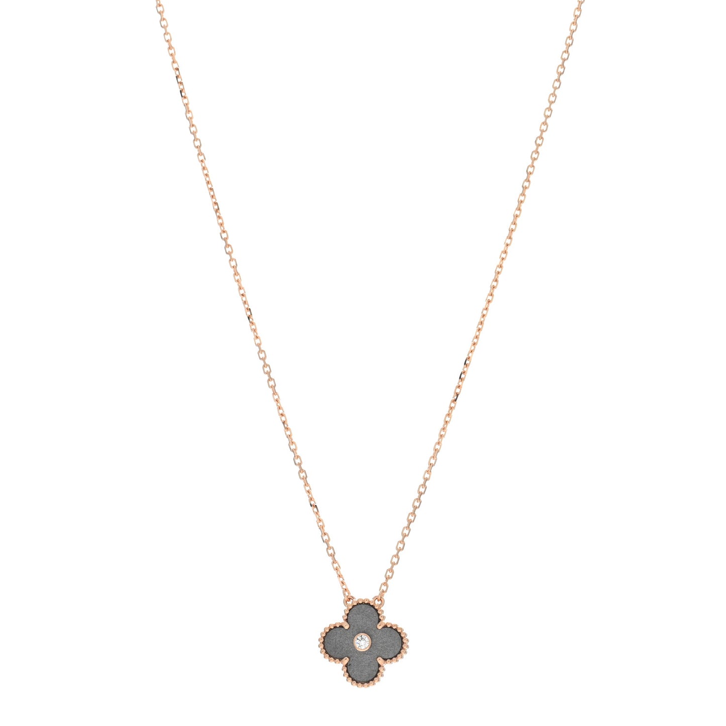 18K Rose Gold Diamond Silver Obsidian Vintage Alhambra Pendant Necklace