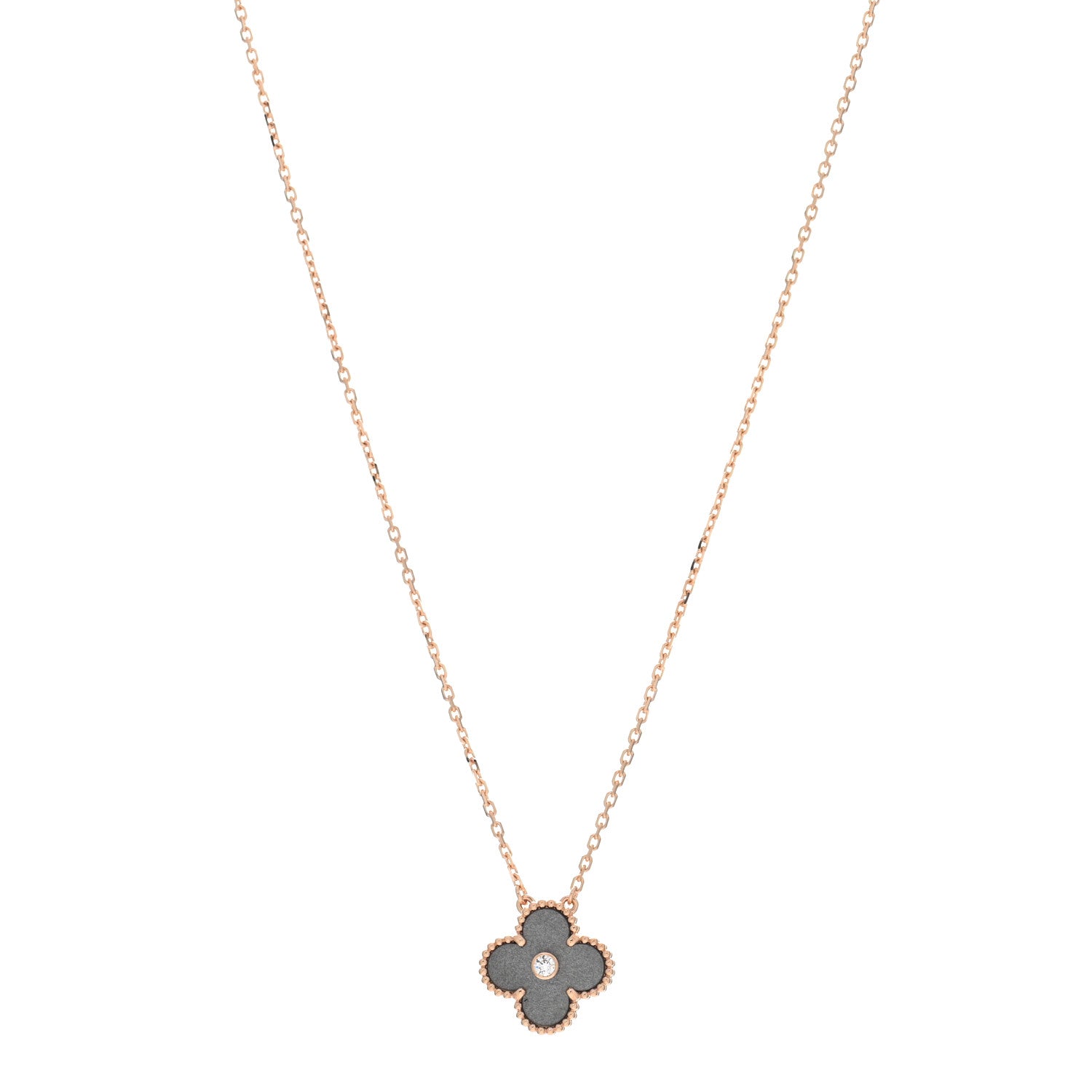 Van Cleef & Arpels 18K Rose Gold Diamond Silver Obsidian Vintage Alhambra Pendant Necklace 1 of 5