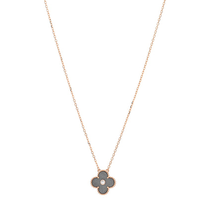 Van Cleef & Arpels 18K Rose Gold Diamond Silver Obsidian Vintage Alhambra Pendant Necklace 1 of 5