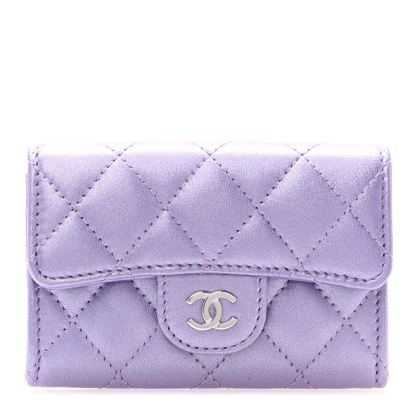 Metallic Lambskin Quilted Flap Card Holder Wallet Purple