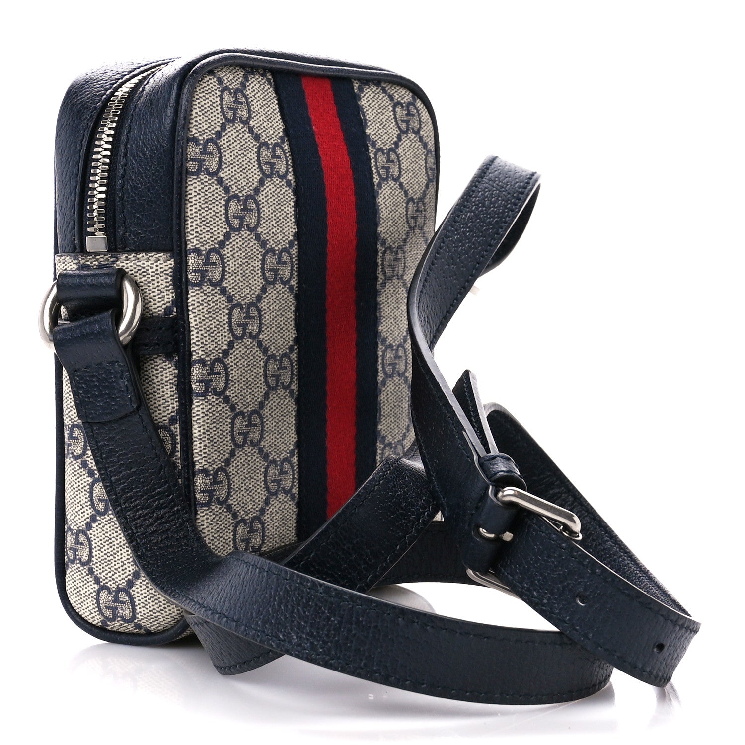 Gucci GG Supreme Monogram Textured Calfskin Web Mini Ophidia Messenger Beige Blue 3 of 10