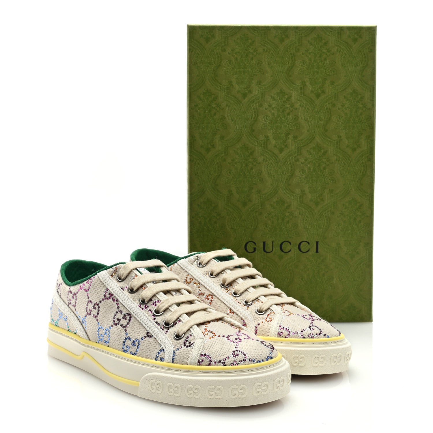 Gucci Canvas Lame Crystal GG Monogram Womens 1977 Tennis Sneakers 39.5 Gardenia Silver Mystic White 8 of 8