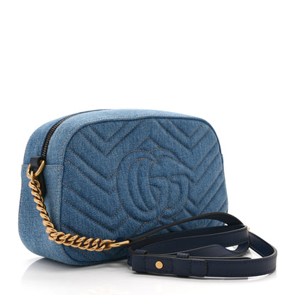 Gucci Denim Matelasse Small Pearly GG Marmont Chain Shoulder Bag Blue 3 of 11