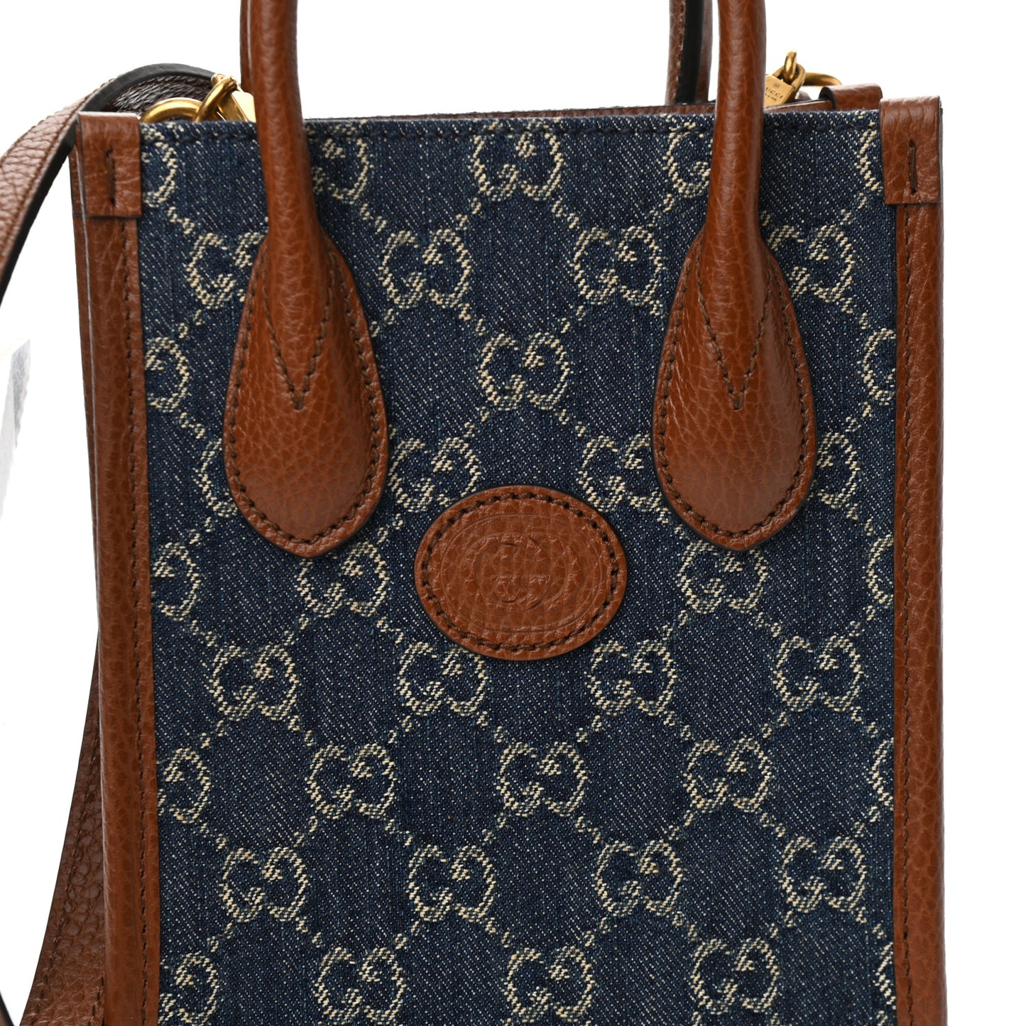 New Denim GG Monogram Dollar Calfskin Mini Retro Interlocking G Tote Bag Blue Tea Cuir Epilog