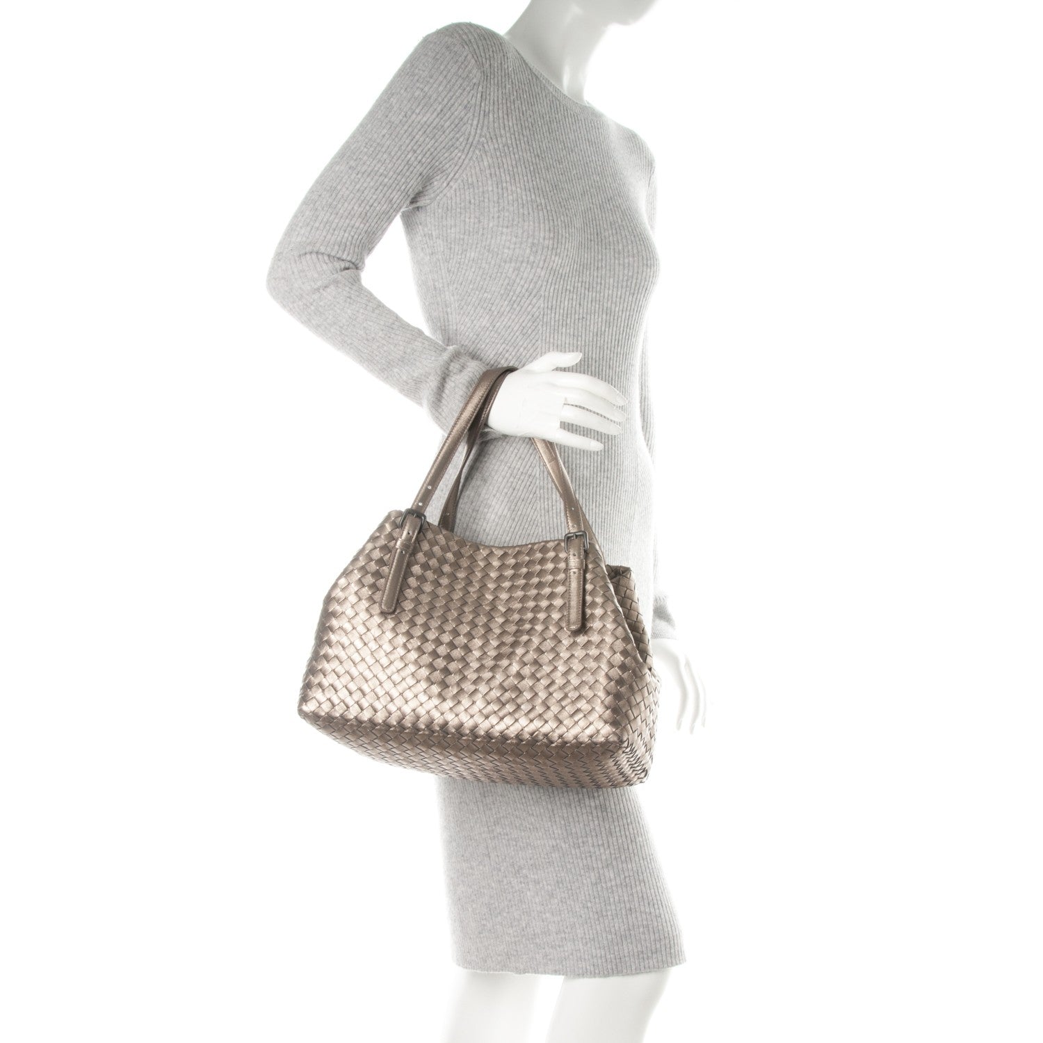 Bottega Veneta Metallic Grosgrain Intrecciato Medium A Shape Seamless Tote Pewter 2 of 8