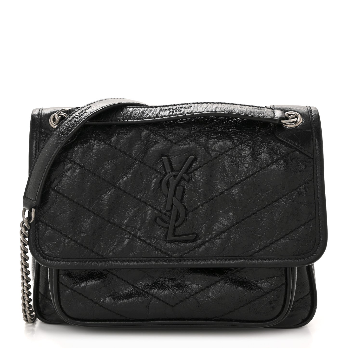 Crinkled Calfskin Matelasse Monogram Baby Niki Chain Satchel Black