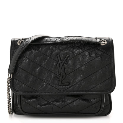 Saint Laurent Crinkled Calfskin Matelasse Monogram Baby Niki Chain Satchel Black 1 of 13