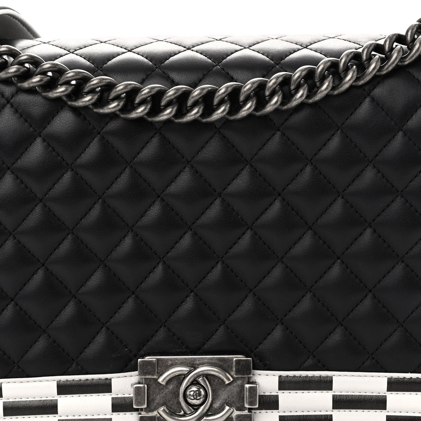 Calfskin Quilted Checkerboard Trim New Medium Boy Flap Black White