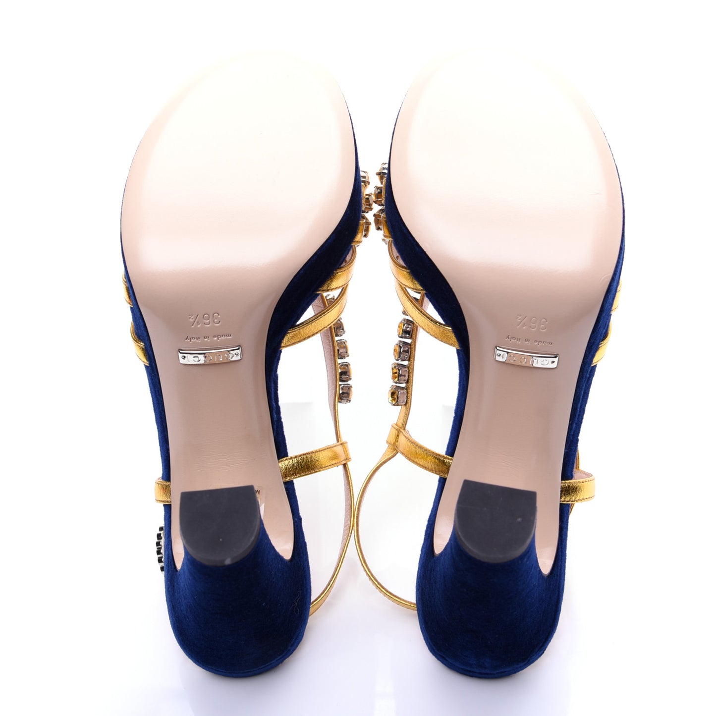 Velvet Nappa Crystal Zephyra Slingback Platform High Heel Sandals 36.5 Blue Gold