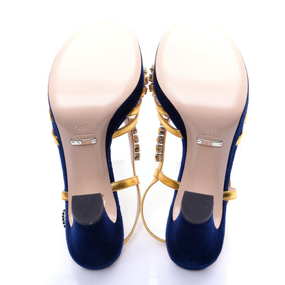 Gucci Velvet Nappa Crystal Zephyra Slingback Platform High Heel Sandals 36.5 Blue Gold 10 of 12