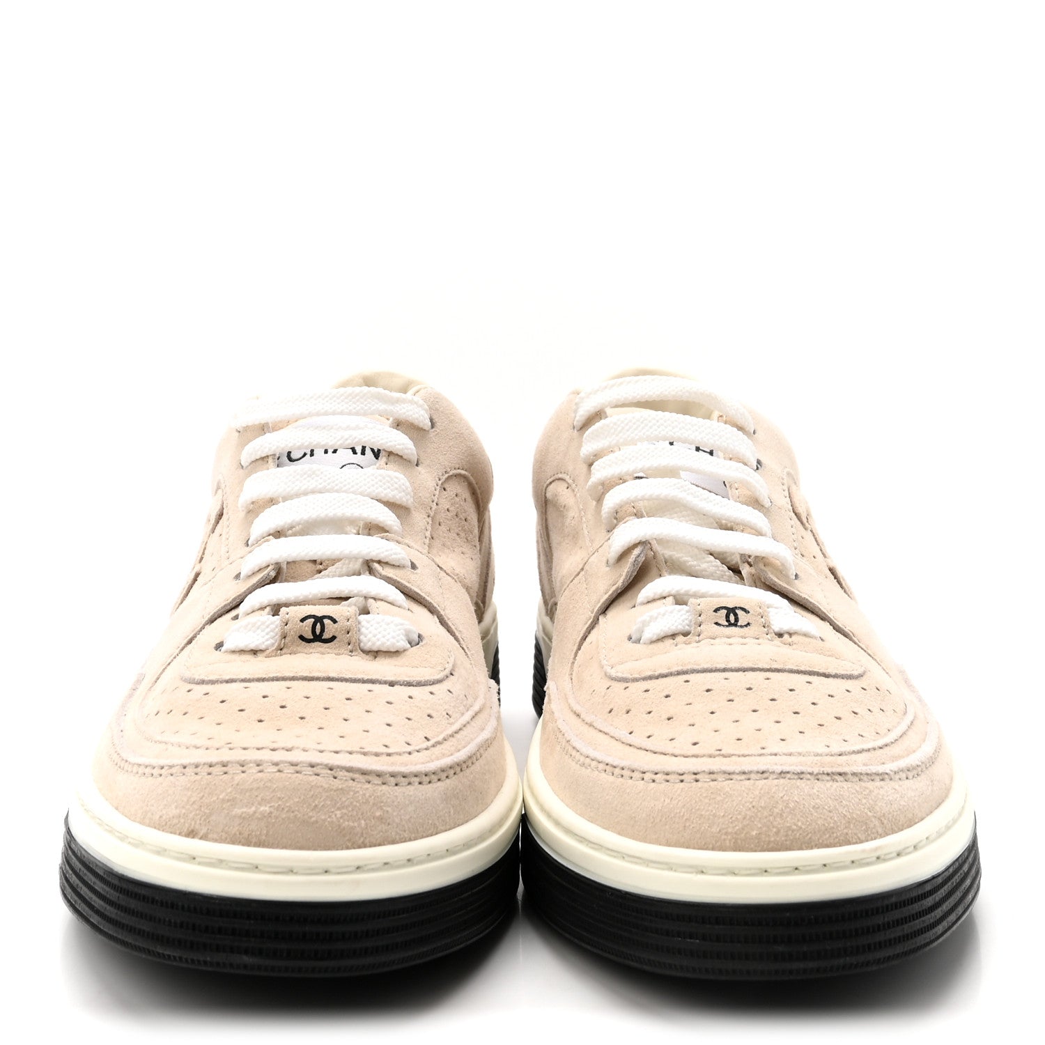 Chanel Suede Calfskin Womens CC Sneakers 38.5 Beige 3 of 10