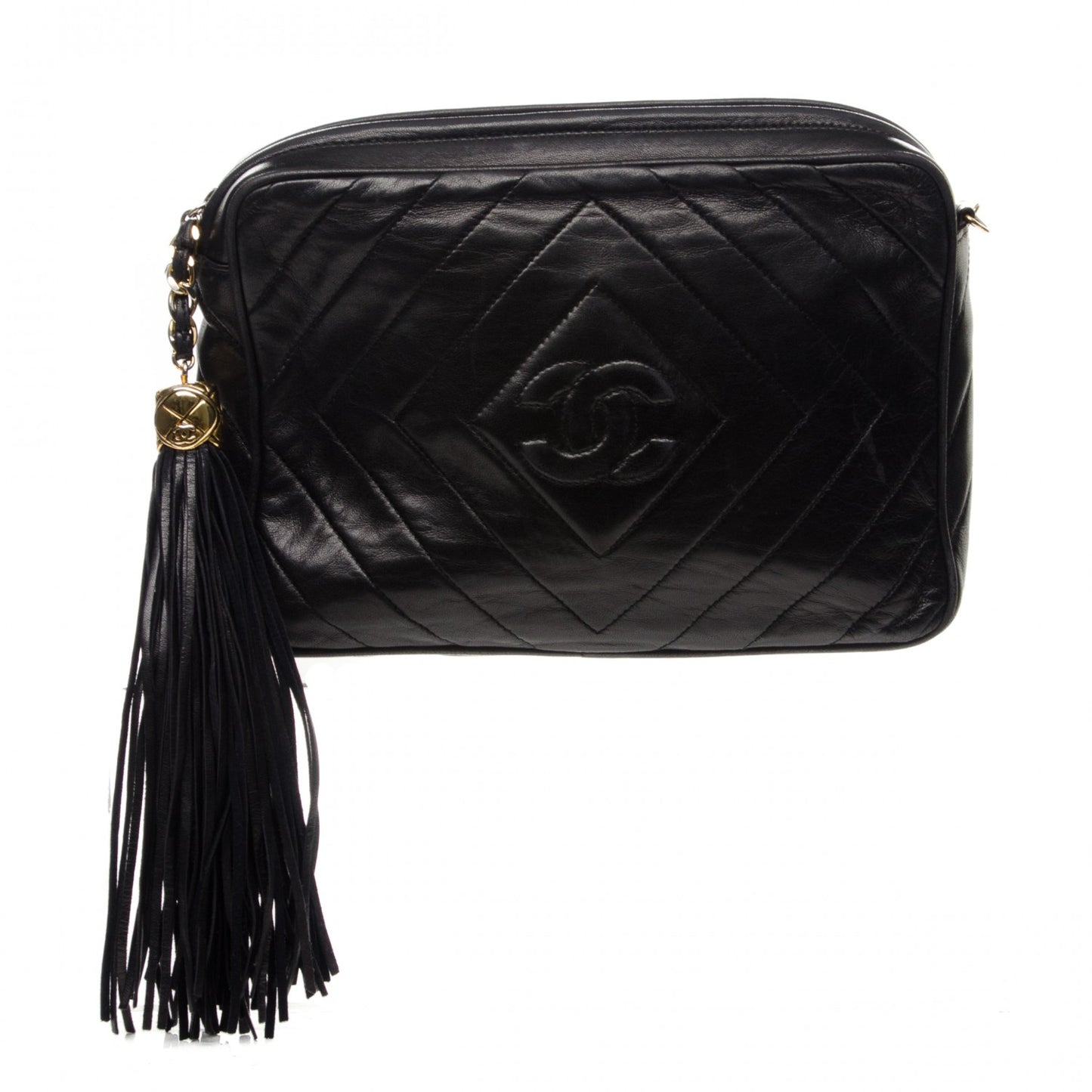 Lambskin Chevron Tassel Camera Case Black
