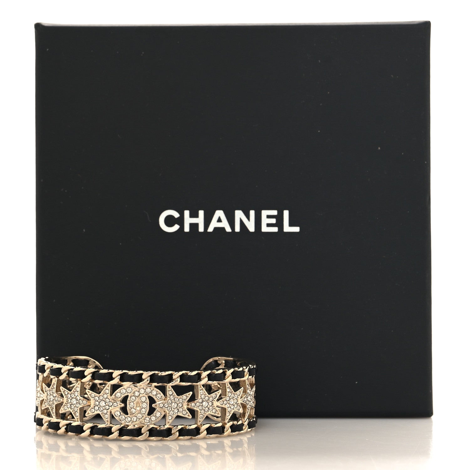 Chanel Lambskin Crystal CC Star Cuff S Bracelet Gold Black 6 of 6