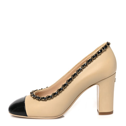 Chanel Calfskin Patent Calfskin Chain Cap Toe Pumps 35 Beige Black 1 of 8