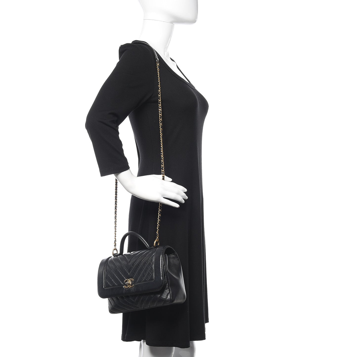 Calfskin Chevron Quilted Top Handle Flap Black