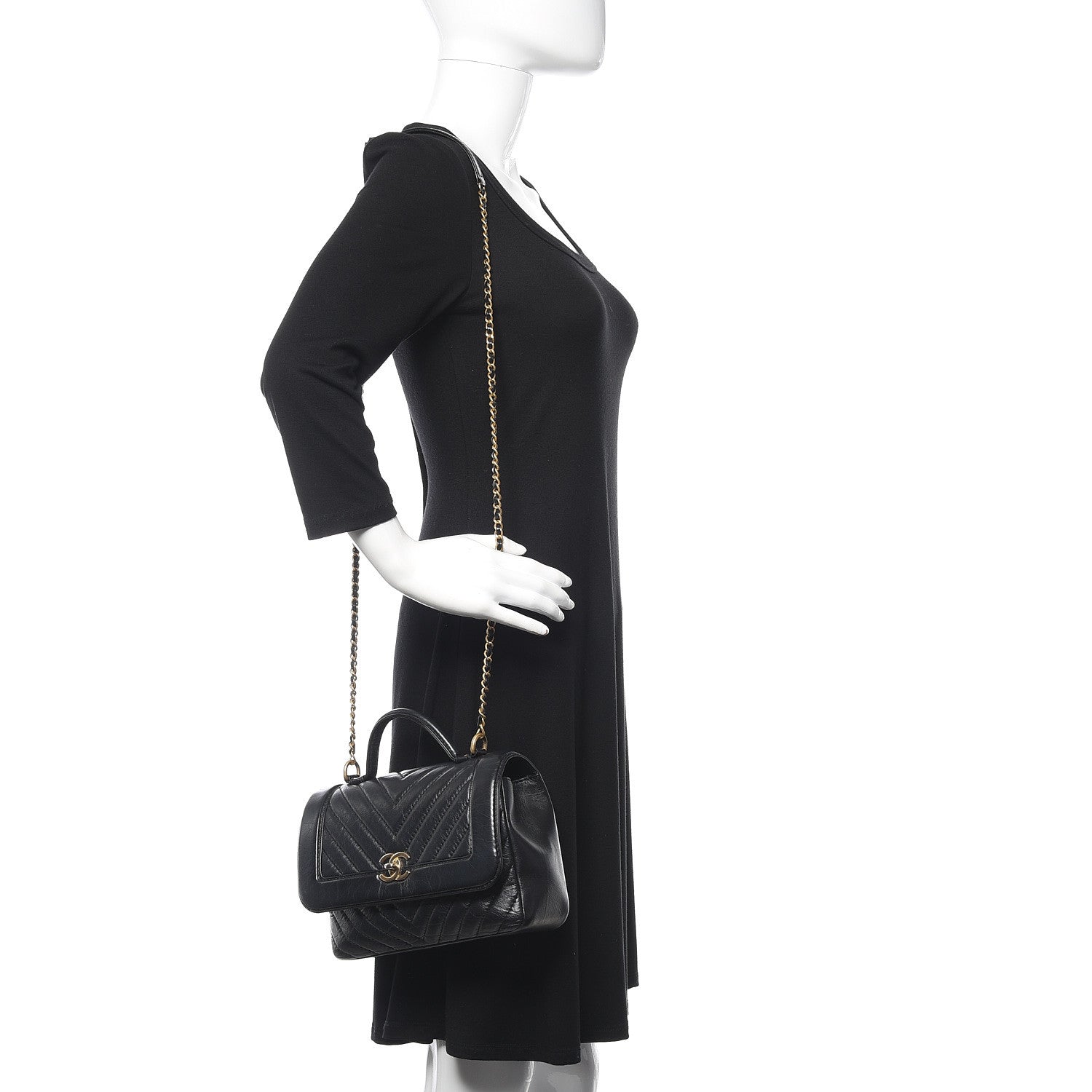Chanel Calfskin Chevron Quilted Top Handle Flap Black 2 of 13
